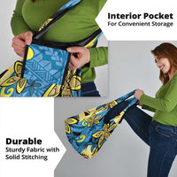 Plumeria Polynesian Pattern Grocery Bag Unique Fantasy Blue Yellow
