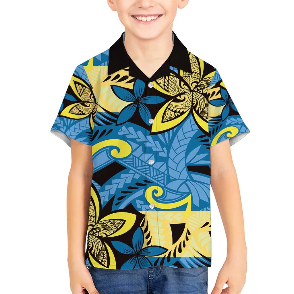 Plumeria Polynesian Pattern Kid Hawaiian Shirt Unique Fantasy Blue Yellow LT01 Kid Blue - Polynesian Pride