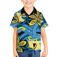 Plumeria Polynesian Pattern Kid Hawaiian Shirt Unique Fantasy Blue Yellow LT01 Kid Blue - Polynesian Pride