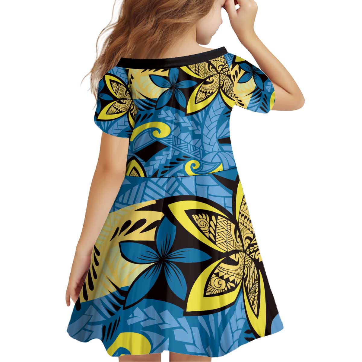 Plumeria Polynesian Pattern Kid Short Sleeve Dress Unique Fantasy Blue Yellow LT01 - Polynesian Pride