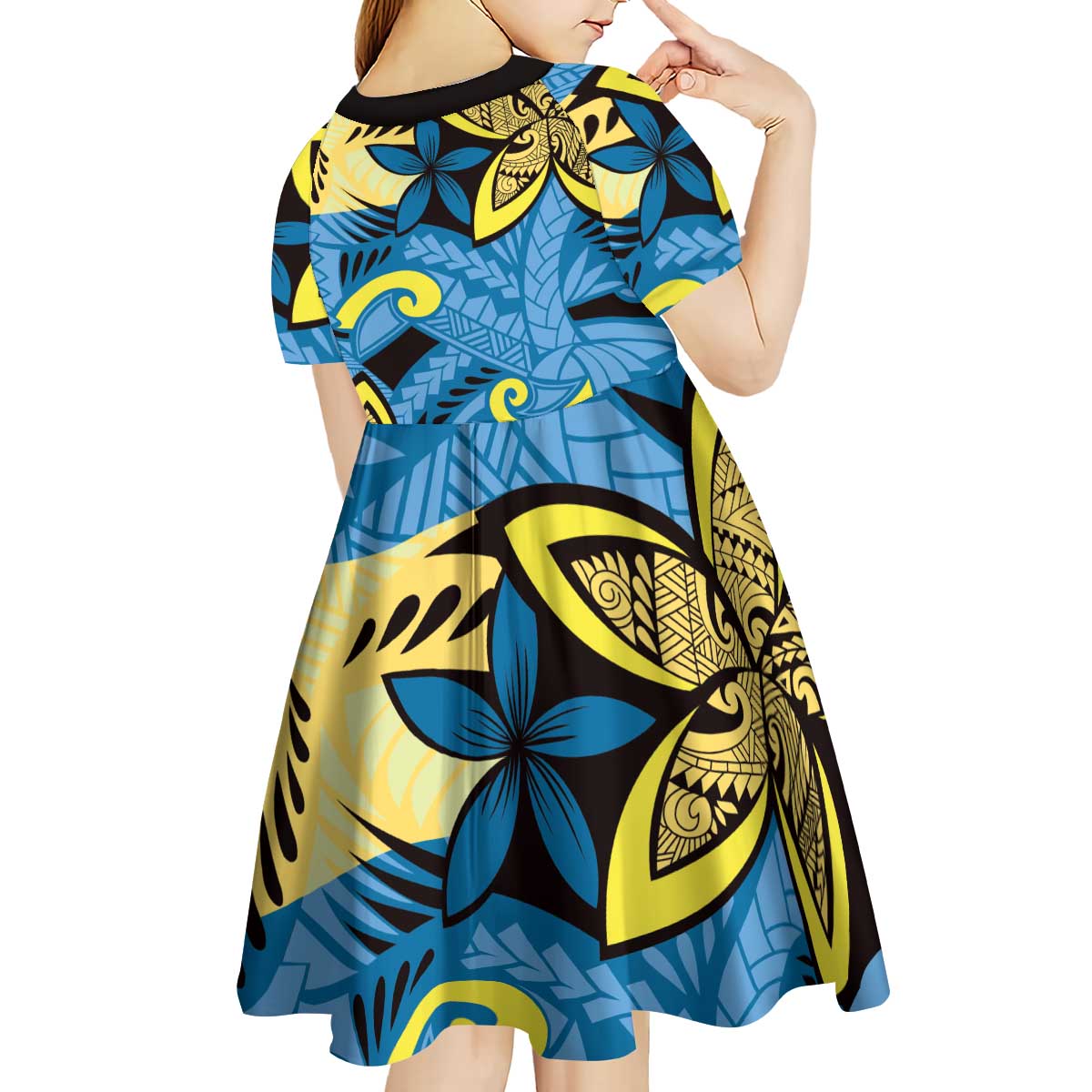 Plumeria Polynesian Pattern Kid Short Sleeve Dress Unique Fantasy Blue Yellow LT01 - Polynesian Pride