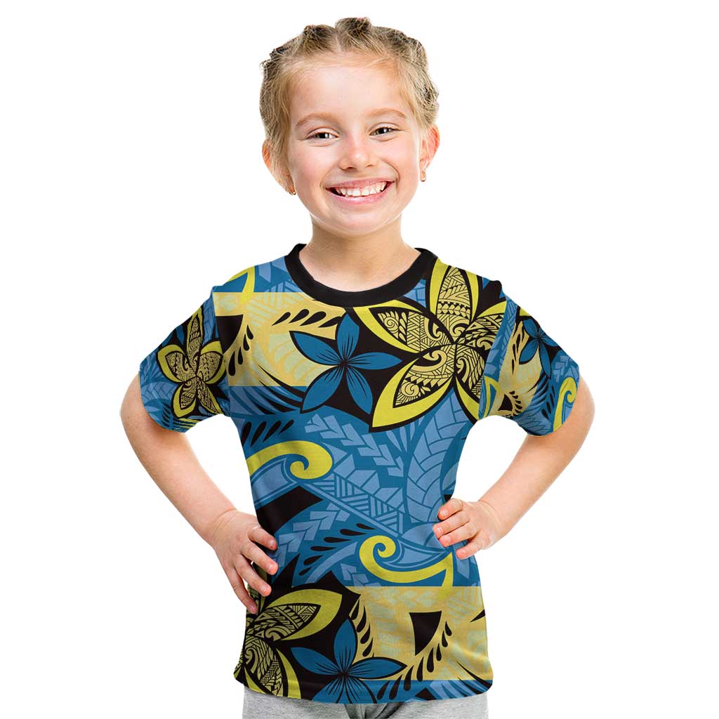 Plumeria Polynesian Pattern Kid T Shirt Unique Fantasy Blue Yellow