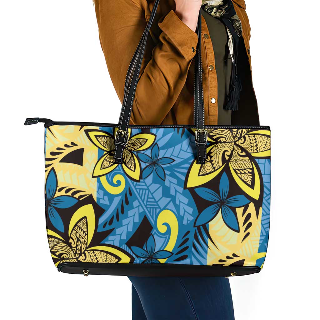 Plumeria Polynesian Pattern Leather Tote Bag Unique Fantasy Blue Yellow