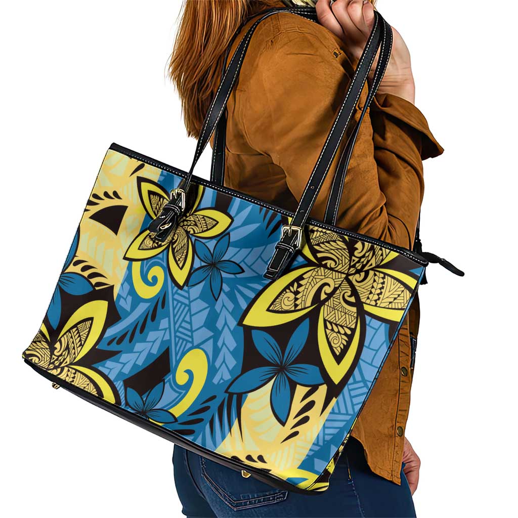 Plumeria Polynesian Pattern Leather Tote Bag Unique Fantasy Blue Yellow