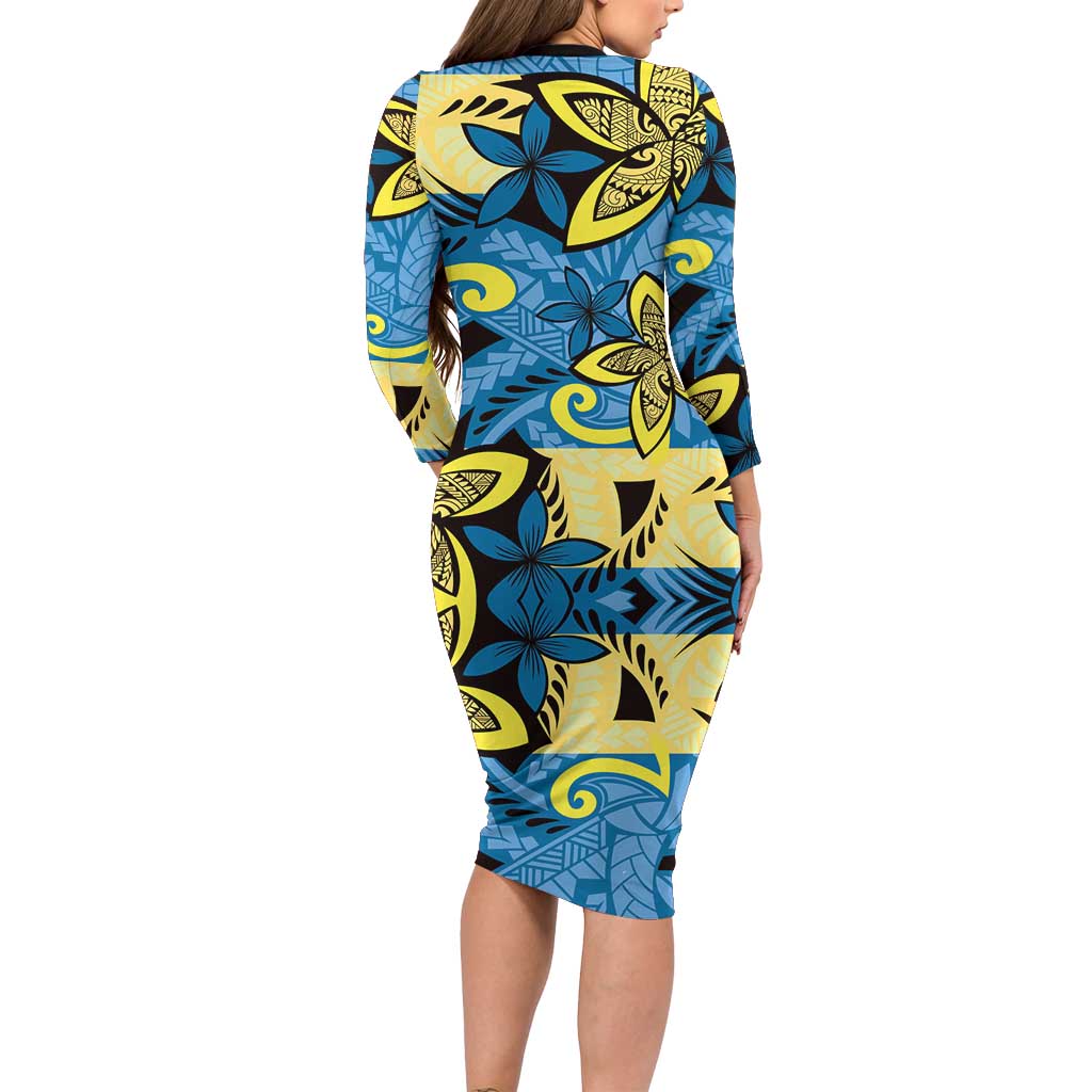 Plumeria Polynesian Pattern Long Sleeve Bodycon Dress Unique Fantasy Blue Yellow