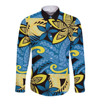 Plumeria Polynesian Pattern Long Sleeve Button Shirt Unique Fantasy Blue Yellow LT01 Unisex Blue - Polynesian Pride