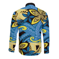 Plumeria Polynesian Pattern Long Sleeve Button Shirt Unique Fantasy Blue Yellow LT01 - Polynesian Pride