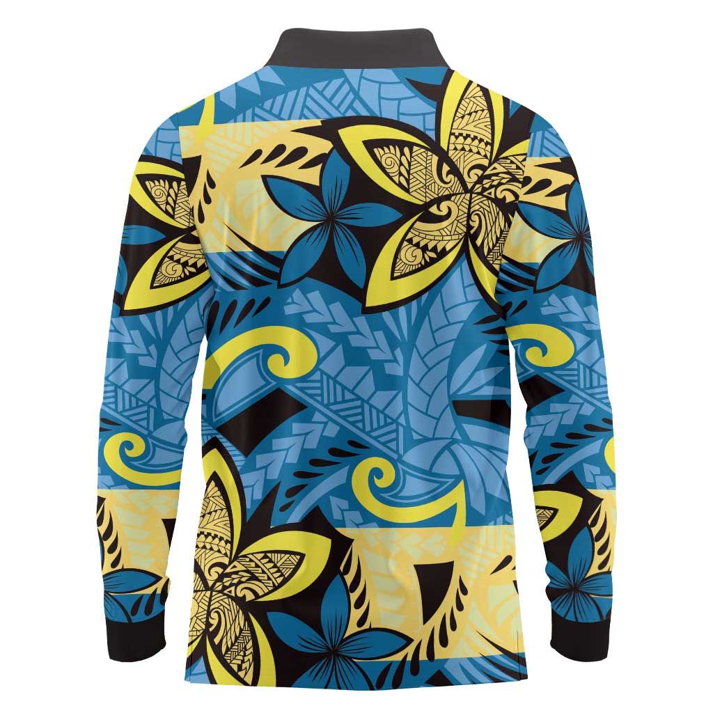 Plumeria Polynesian Pattern Long Sleeve Polo Shirt Unique Fantasy Blue Yellow