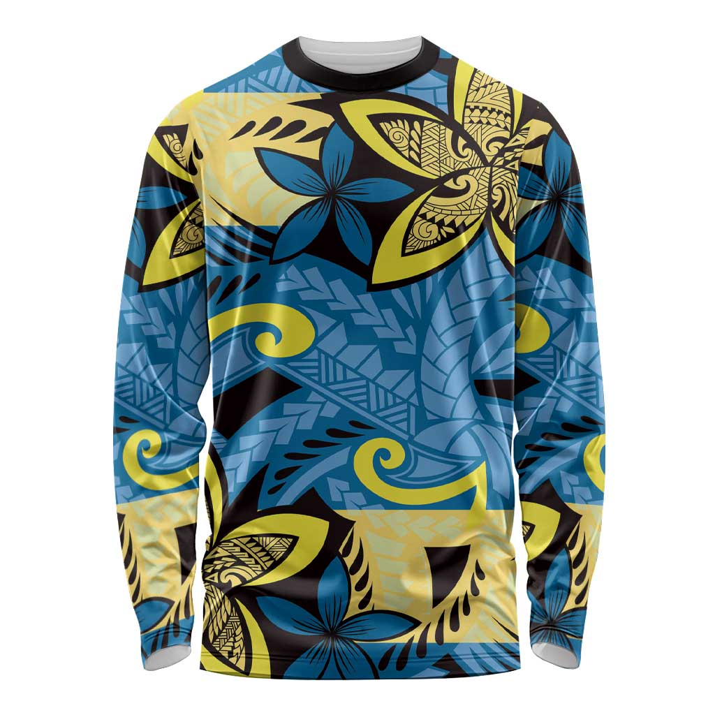 Plumeria Polynesian Pattern Long Sleeve Shirt Unique Fantasy Blue Yellow LT01 Unisex Blue - Polynesian Pride