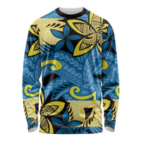 Plumeria Polynesian Pattern Long Sleeve Shirt Unique Fantasy Blue Yellow LT01 Unisex Blue - Polynesian Pride