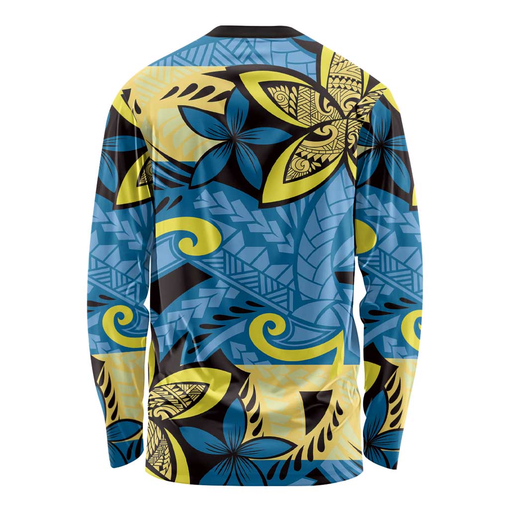 Plumeria Polynesian Pattern Long Sleeve Shirt Unique Fantasy Blue Yellow LT01 - Polynesian Pride