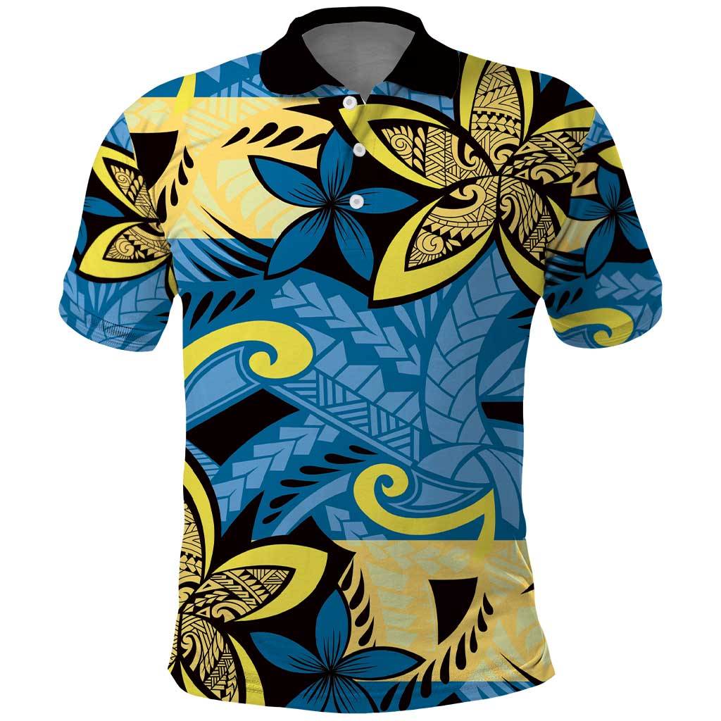 Plumeria Polynesian Pattern Polo Shirt Unique Fantasy Blue Yellow