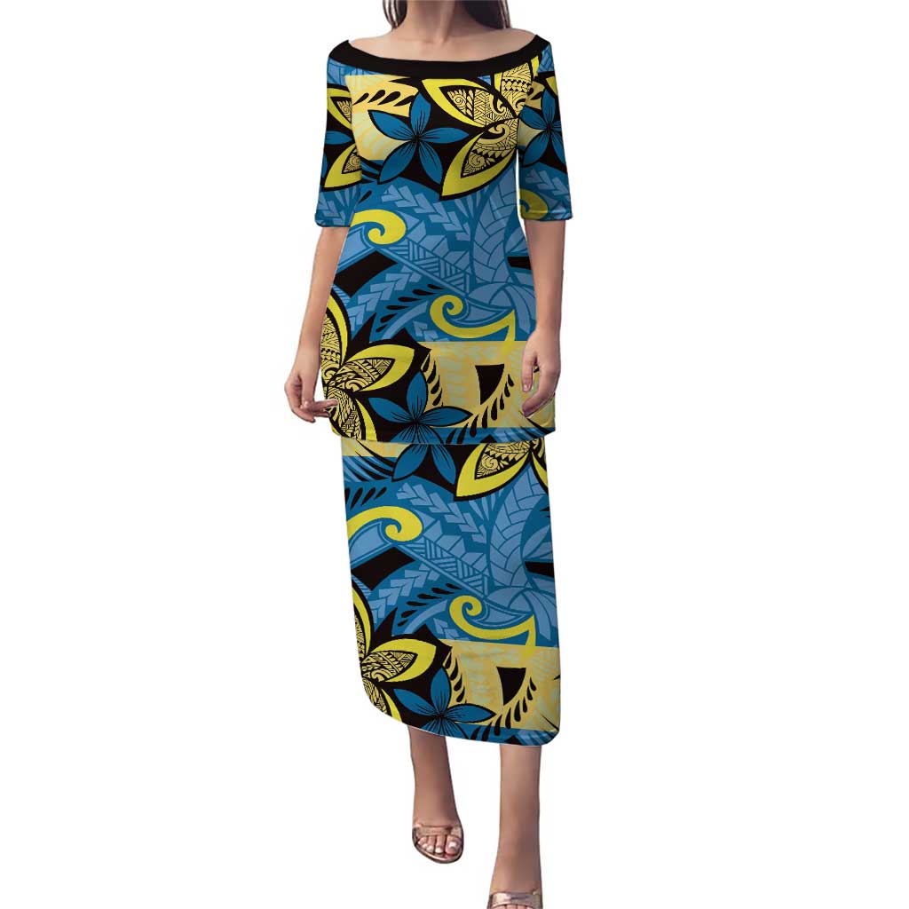 Plumeria Polynesian Pattern Puletasi Unique Fantasy Blue Yellow