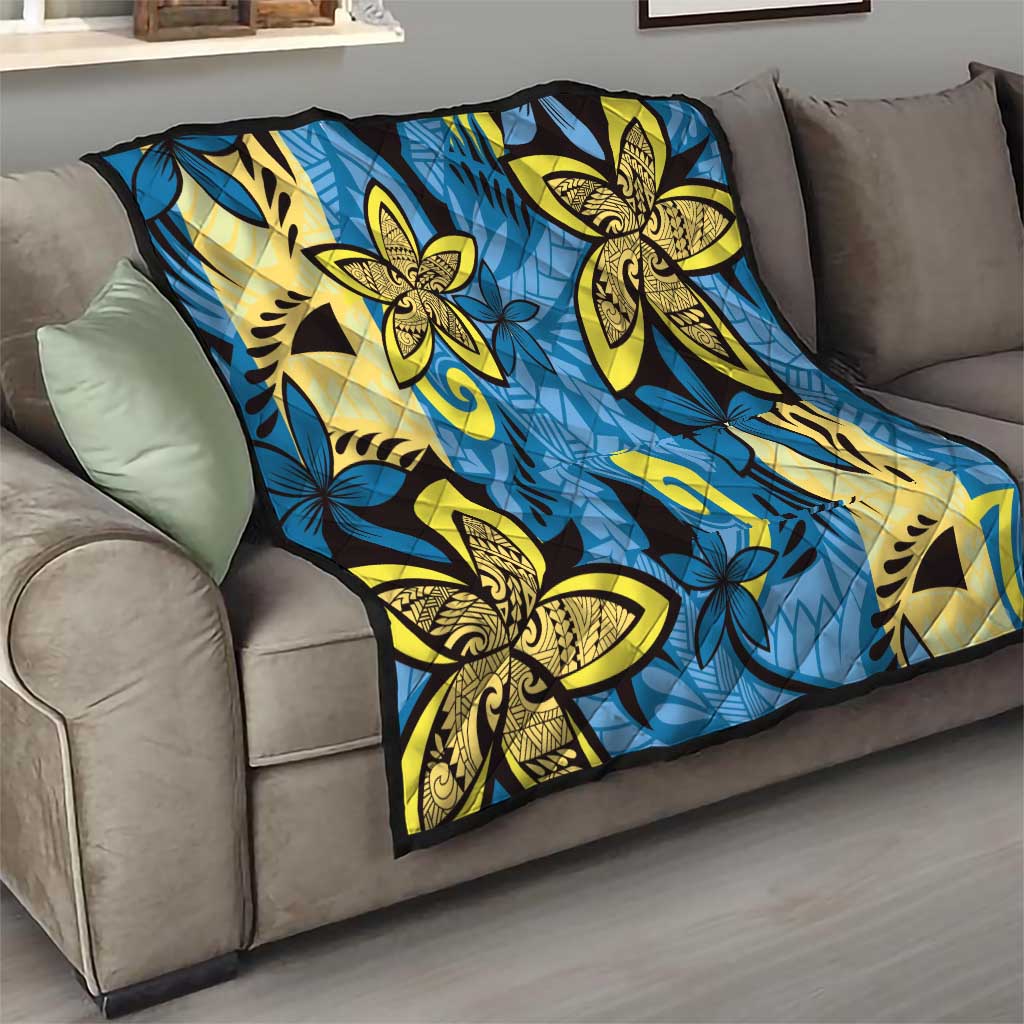 Plumeria Polynesian Pattern Quilt Unique Fantasy Blue Yellow