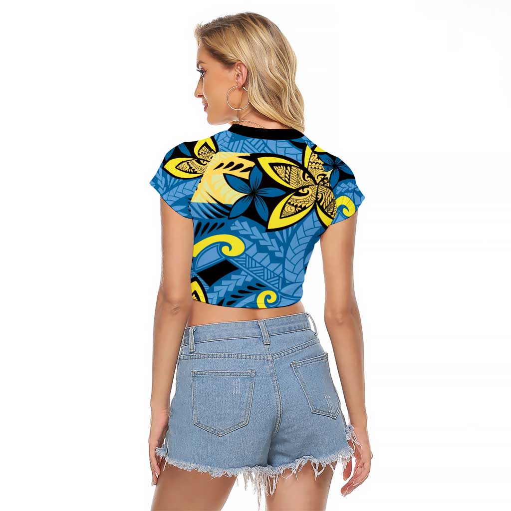 Plumeria Polynesian Pattern Raglan Cropped T Shirt Unique Fantasy Blue Yellow