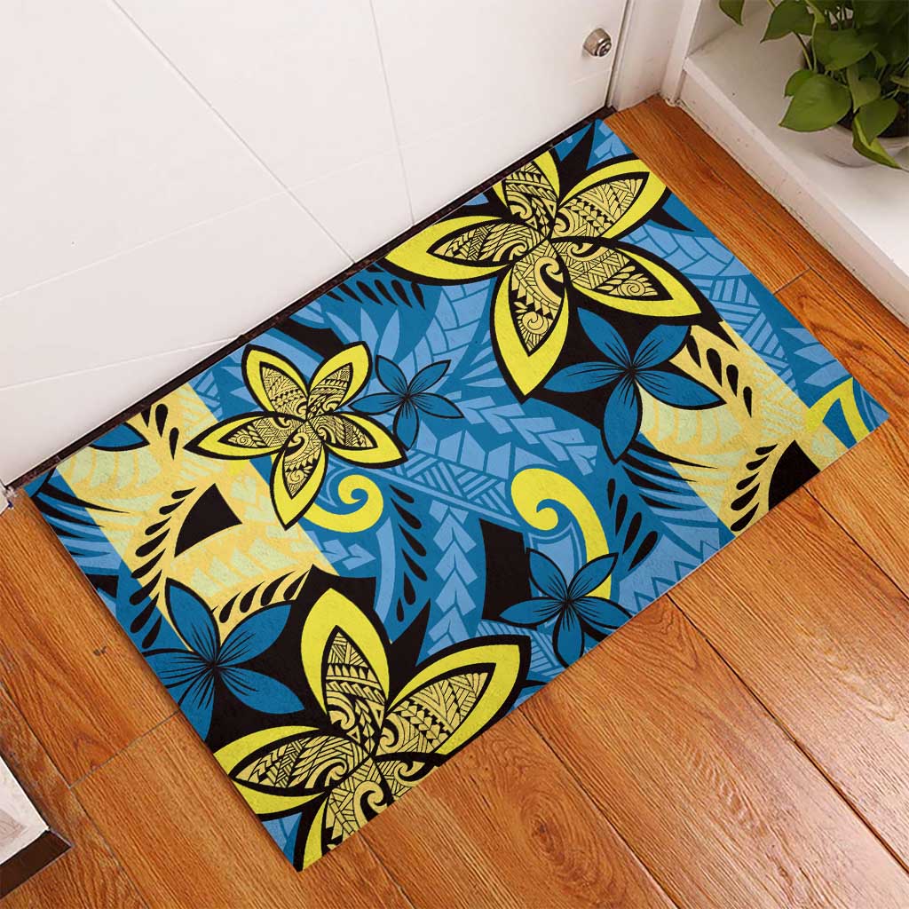 Plumeria Polynesian Pattern Rubber Doormat Unique Fantasy Blue Yellow LT01 - Polynesian Pride