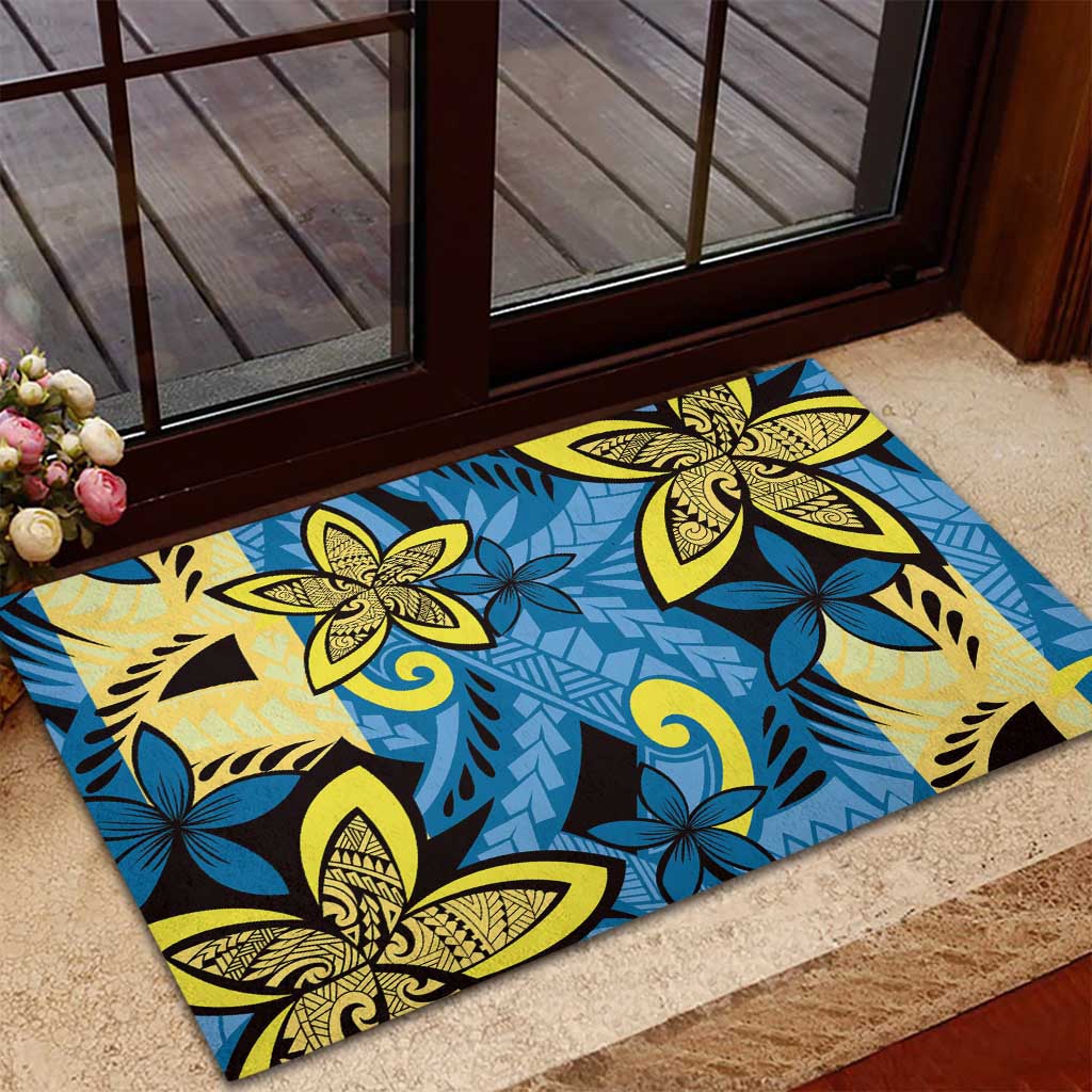 Plumeria Polynesian Pattern Rubber Doormat Unique Fantasy Blue Yellow LT01 - Polynesian Pride