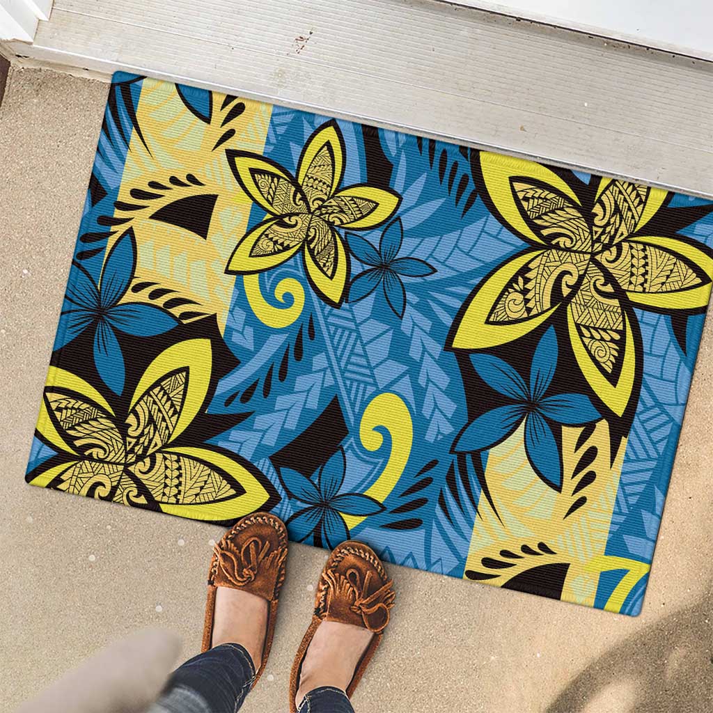 Plumeria Polynesian Pattern Rubber Doormat Unique Fantasy Blue Yellow LT01 - Polynesian Pride