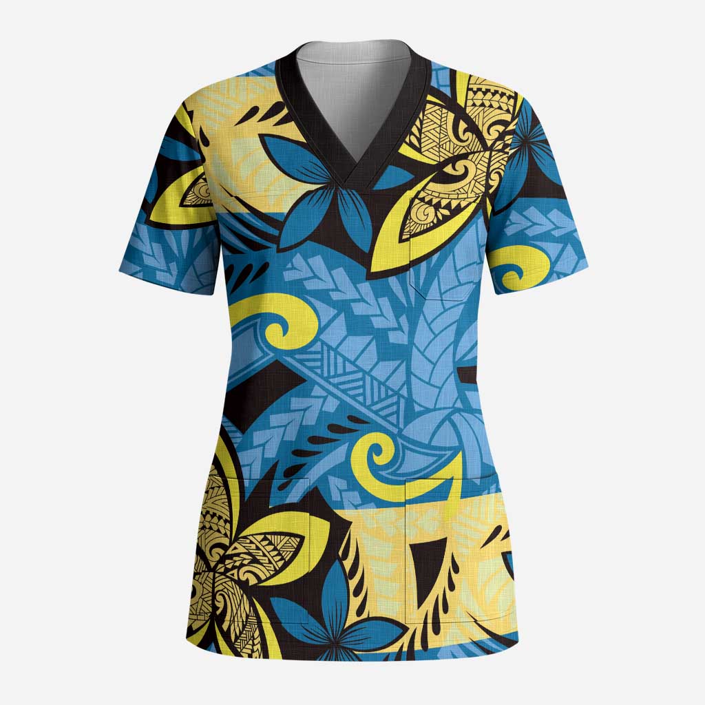 Plumeria Polynesian Pattern Scrub Top Unique Fantasy Blue Yellow LT01 Adult Blue - Polynesian Pride