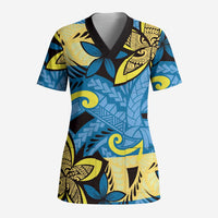 Plumeria Polynesian Pattern Scrub Top Unique Fantasy Blue Yellow LT01 Adult Blue - Polynesian Pride
