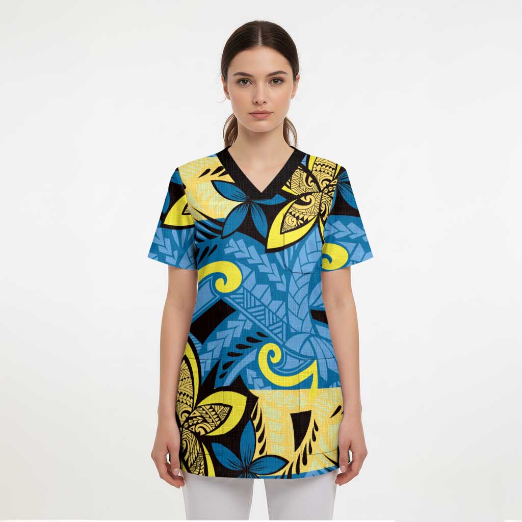 Plumeria Polynesian Pattern Scrub Top Unique Fantasy Blue Yellow LT01 - Polynesian Pride