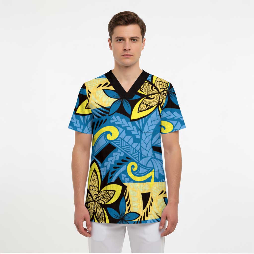 Plumeria Polynesian Pattern Scrub Top Unique Fantasy Blue Yellow LT01 - Polynesian Pride
