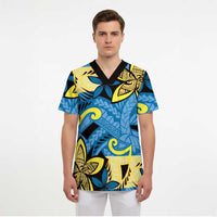 Plumeria Polynesian Pattern Scrub Top Unique Fantasy Blue Yellow LT01 - Polynesian Pride