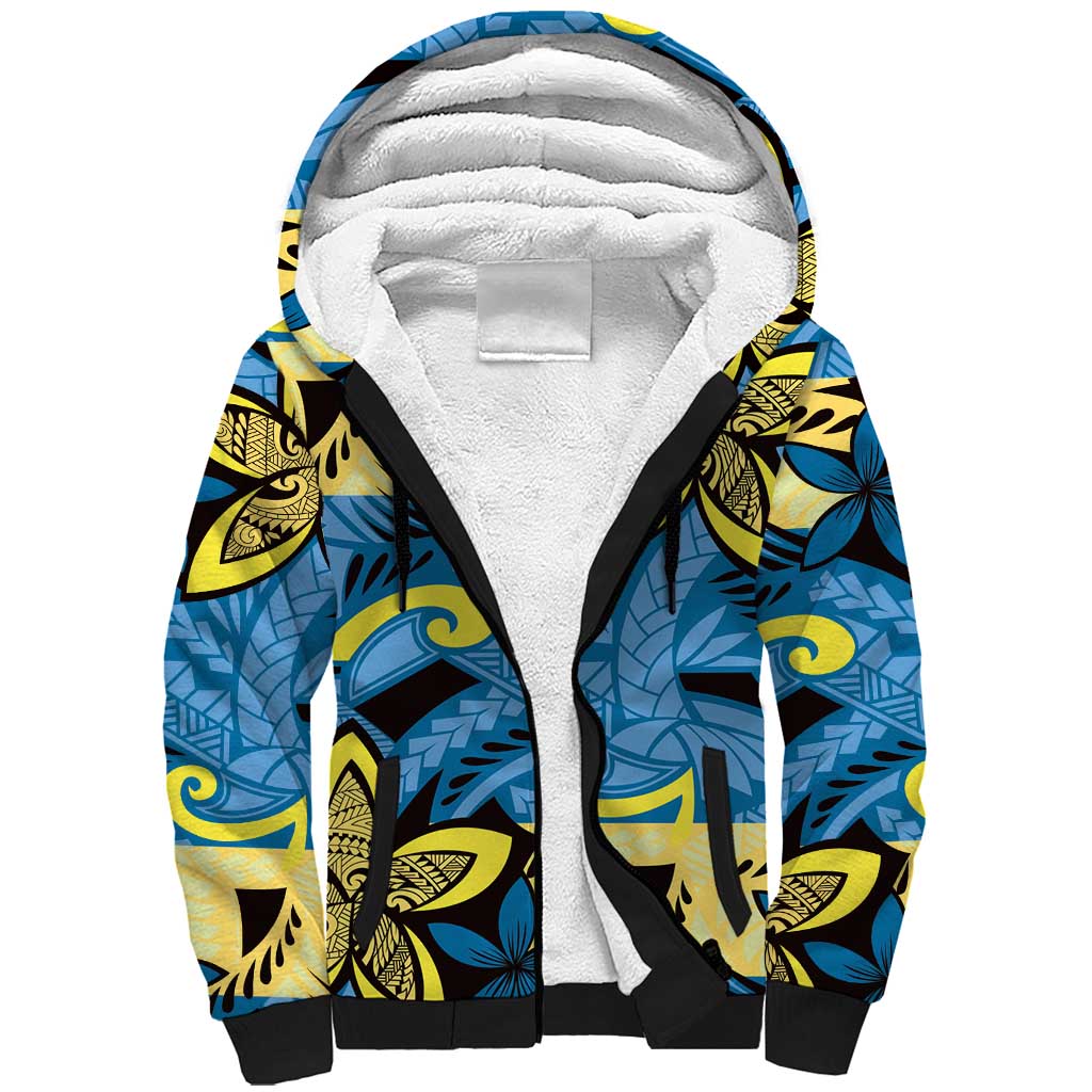 Plumeria Polynesian Pattern Sherpa Hoodie Unique Fantasy Blue Yellow LT01 Unisex Blue - Polynesian Pride