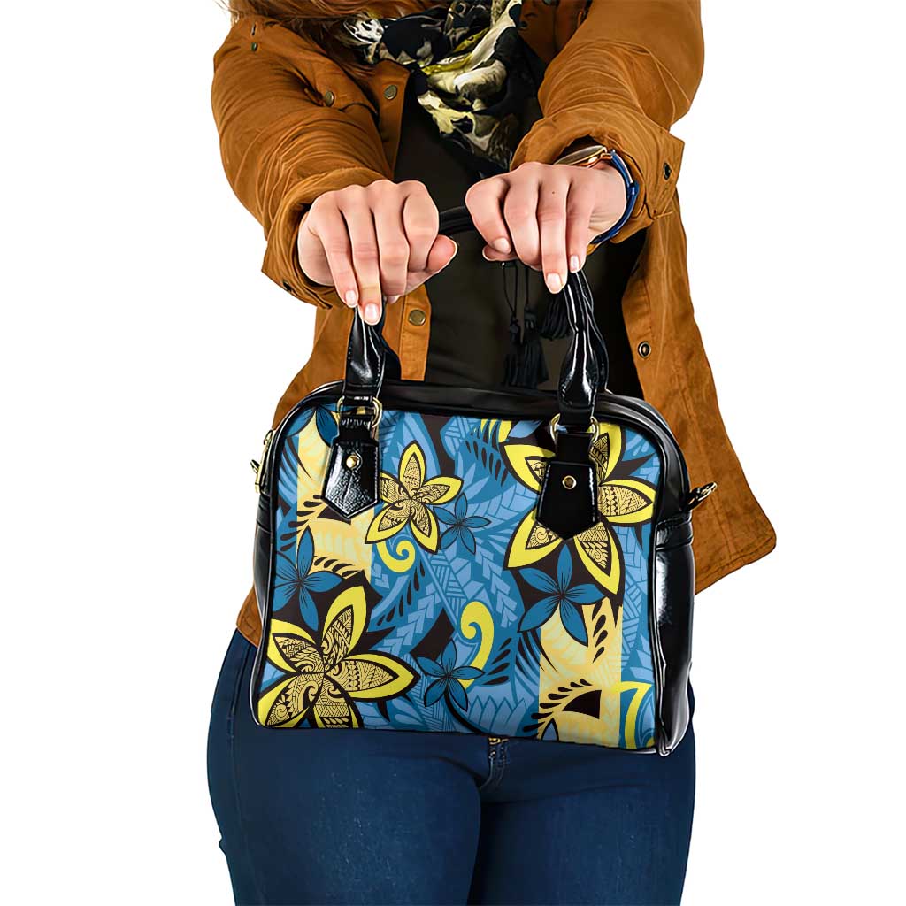 Plumeria Polynesian Pattern Shoulder Handbag Unique Fantasy Blue Yellow