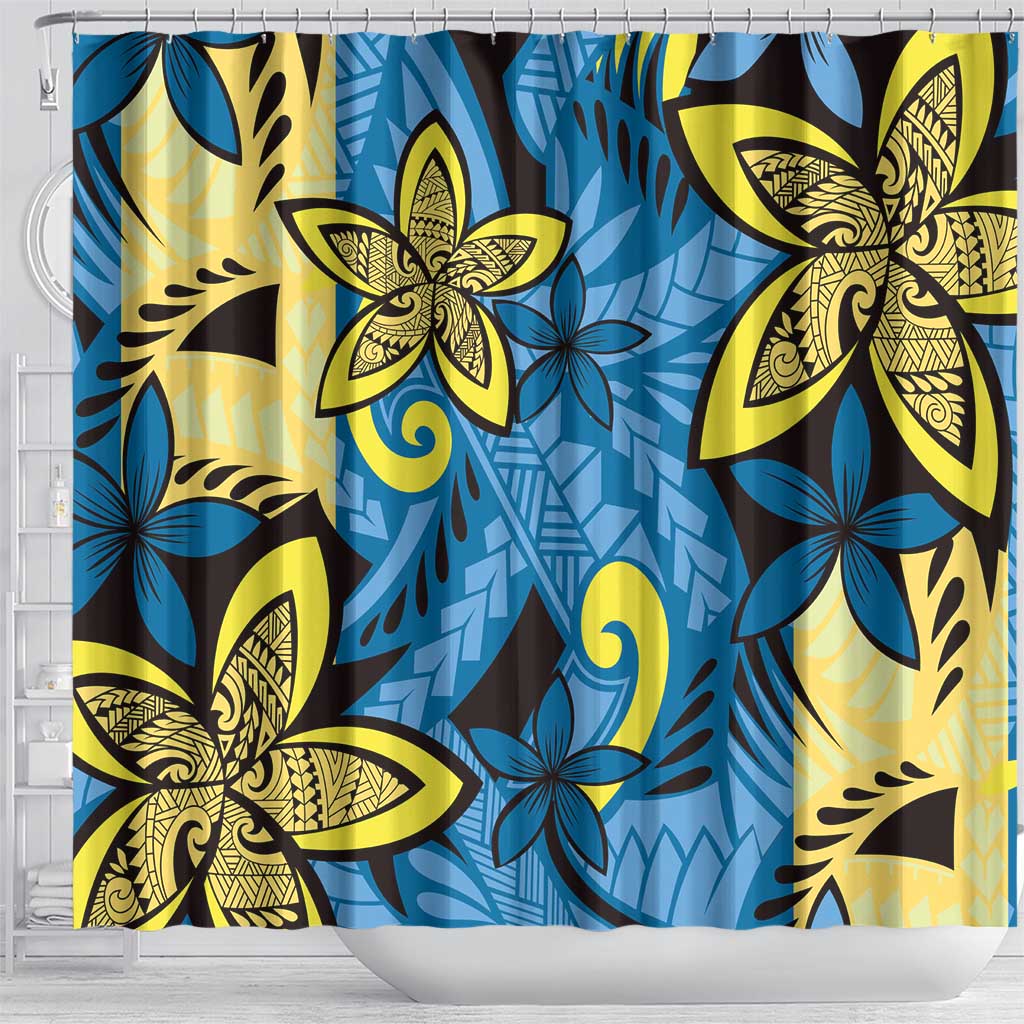 Plumeria Polynesian Pattern Shower Curtain Unique Fantasy Blue Yellow