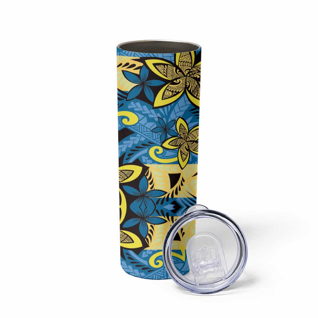 Plumeria Polynesian Pattern Skinny Tumbler Unique Fantasy Blue Yellow