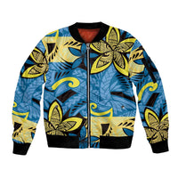 Plumeria Polynesian Pattern Sleeve Zip Bomber Jacket Unique Fantasy Blue Yellow