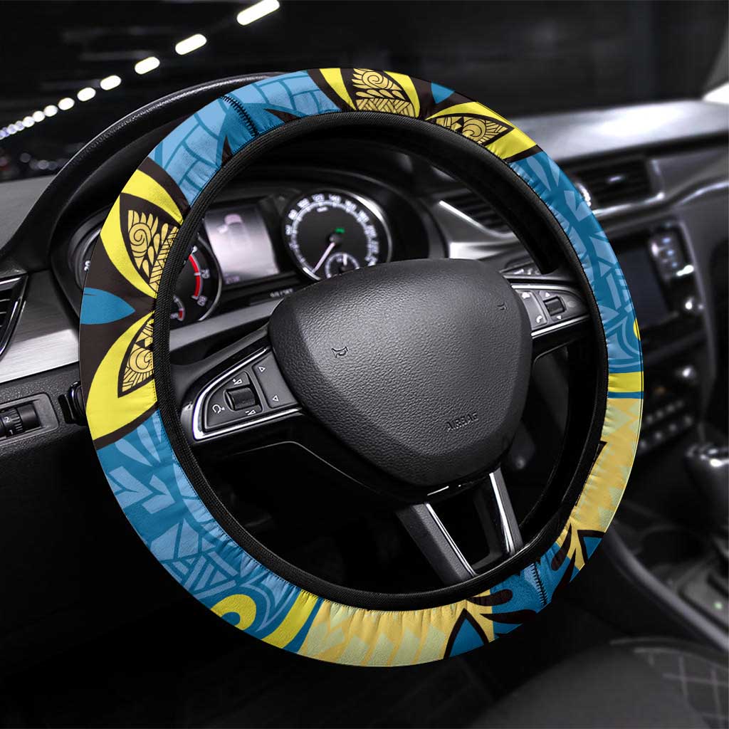 Plumeria Polynesian Pattern Steering Wheel Cover Unique Fantasy Blue Yellow LT01 Universal Fit Blue - Polynesian Pride