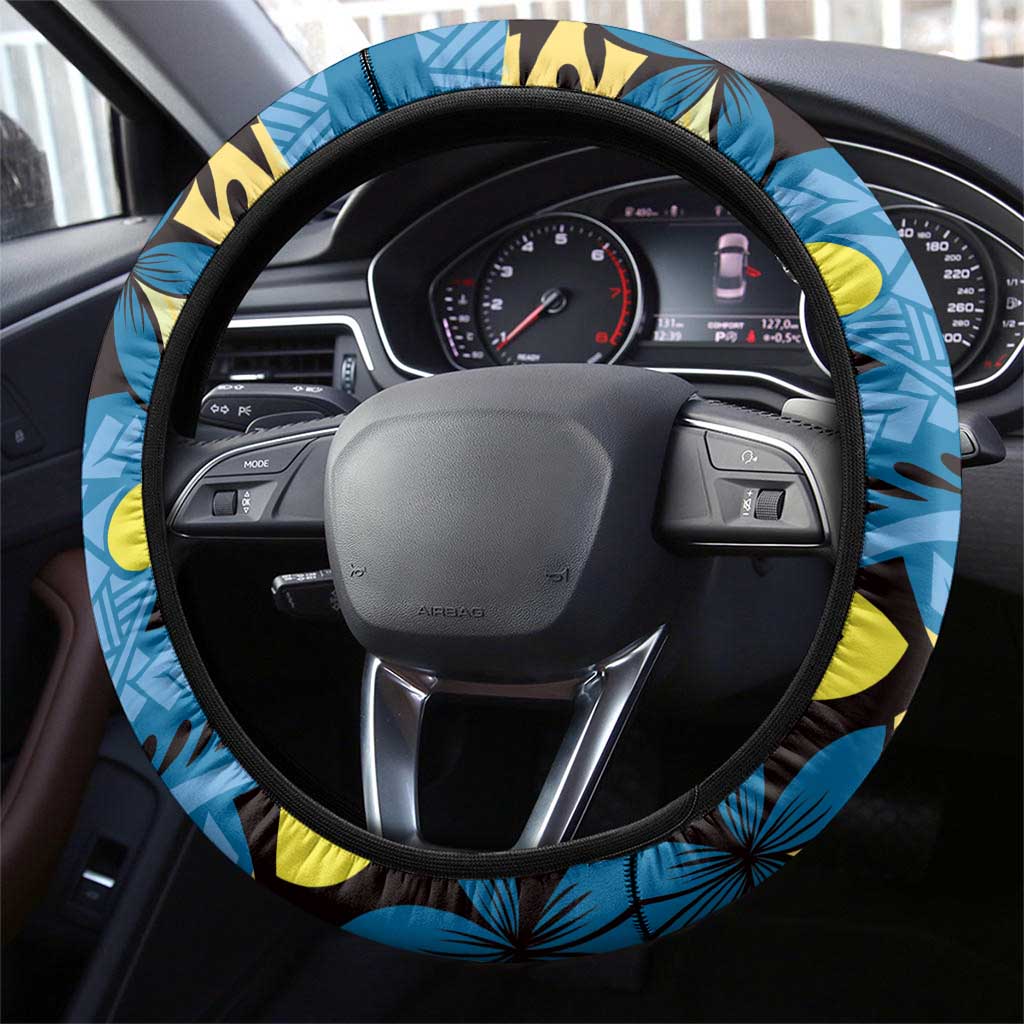 Plumeria Polynesian Pattern Steering Wheel Cover Unique Fantasy Blue Yellow LT01 - Polynesian Pride