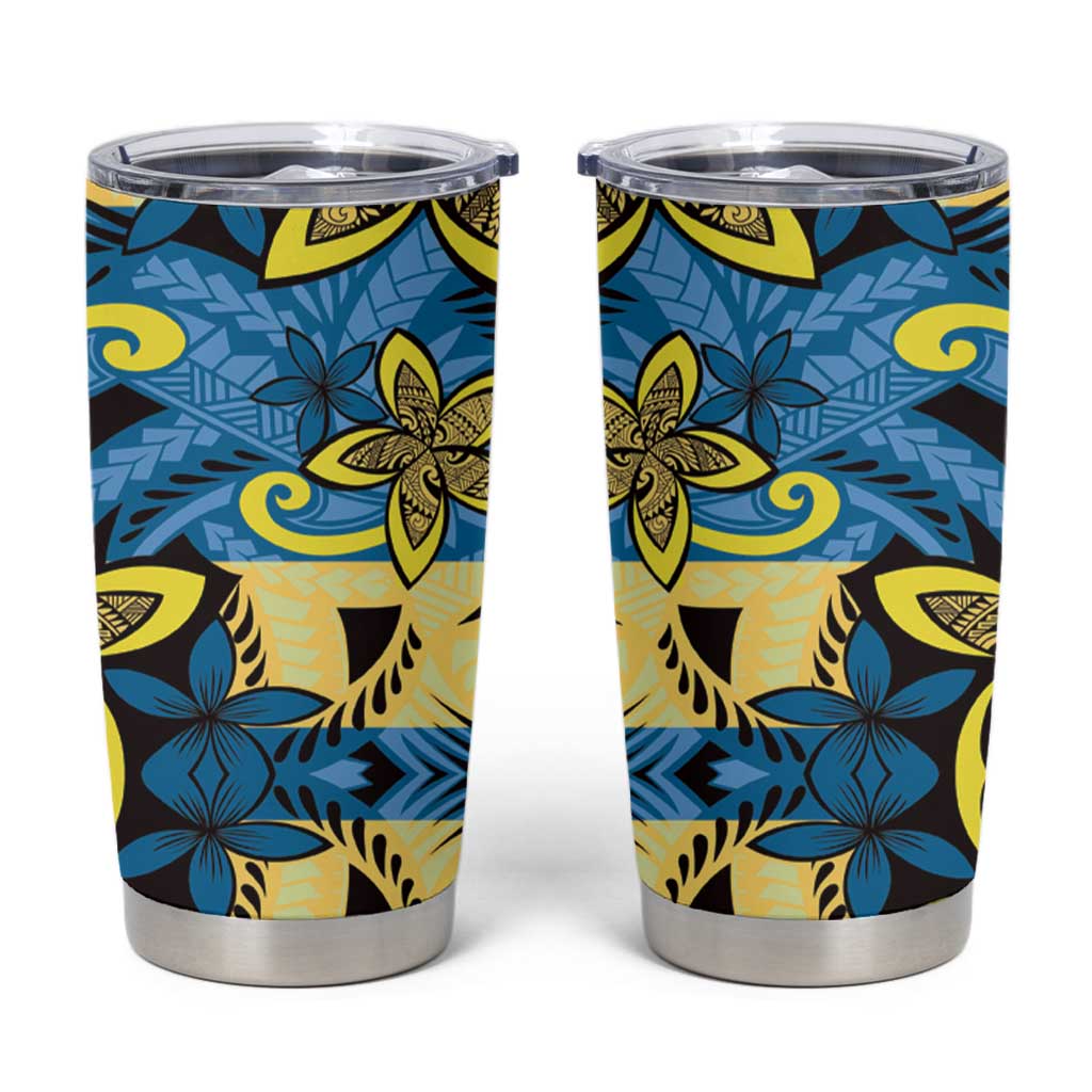 Plumeria Polynesian Pattern Tumbler Cup Unique Fantasy Blue Yellow