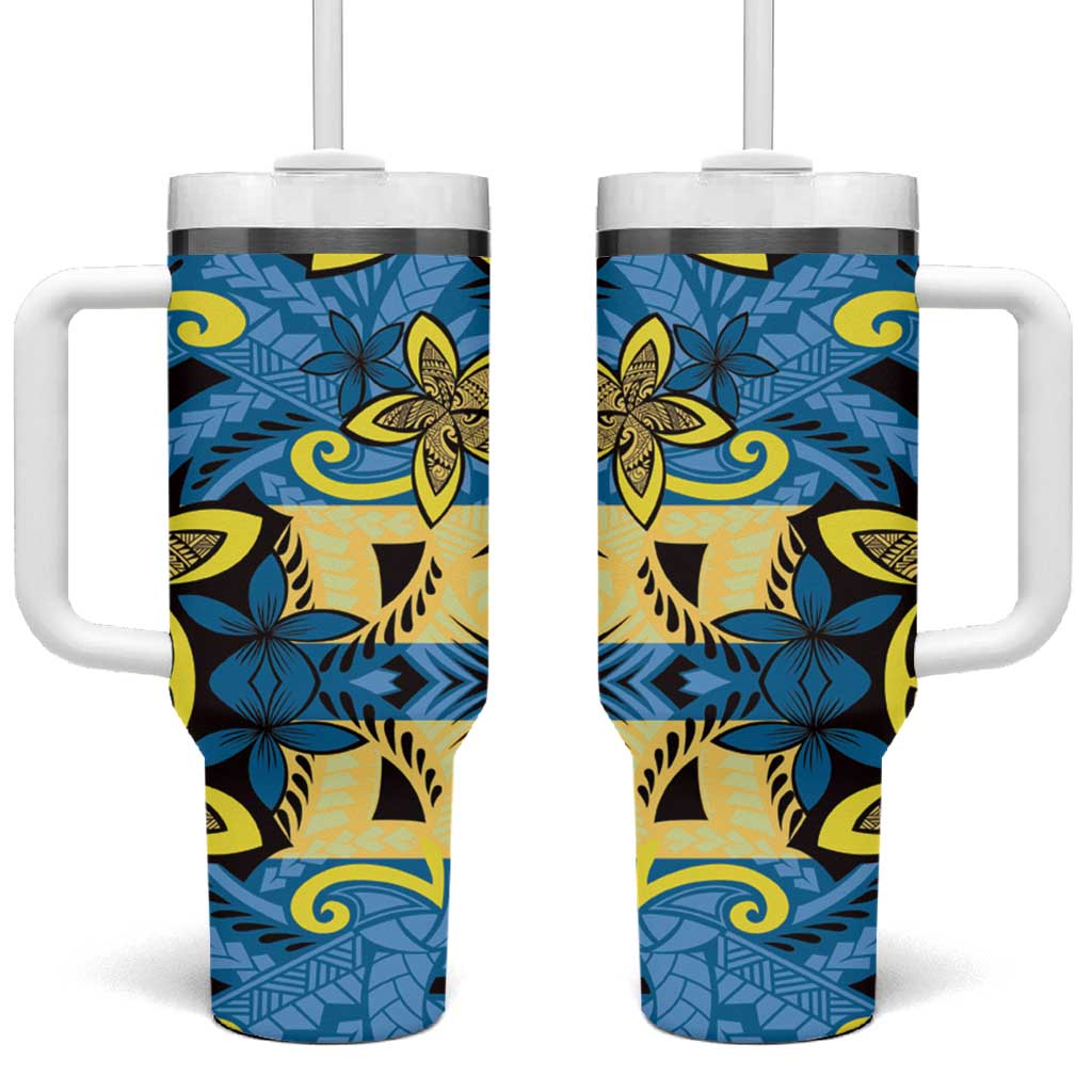 Plumeria Polynesian Pattern Tumbler With Handle Unique Fantasy Blue Yellow