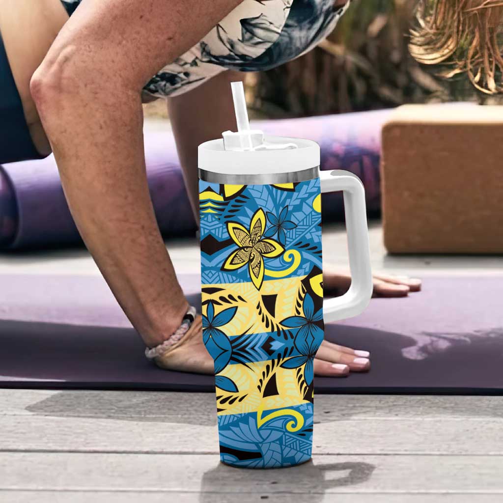 Plumeria Polynesian Pattern Tumbler With Handle Unique Fantasy Blue Yellow