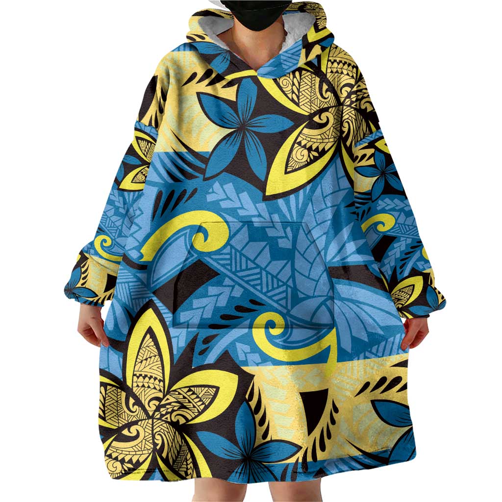 Plumeria Polynesian Pattern Wearable Blanket Hoodie Unique Fantasy Blue Yellow LT01 - Polynesian Pride