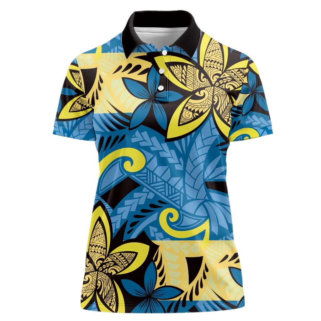 Plumeria Polynesian Pattern Women Polo Shirt Unique Fantasy Blue Yellow