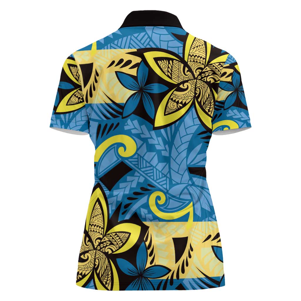 Plumeria Polynesian Pattern Women Polo Shirt Unique Fantasy Blue Yellow