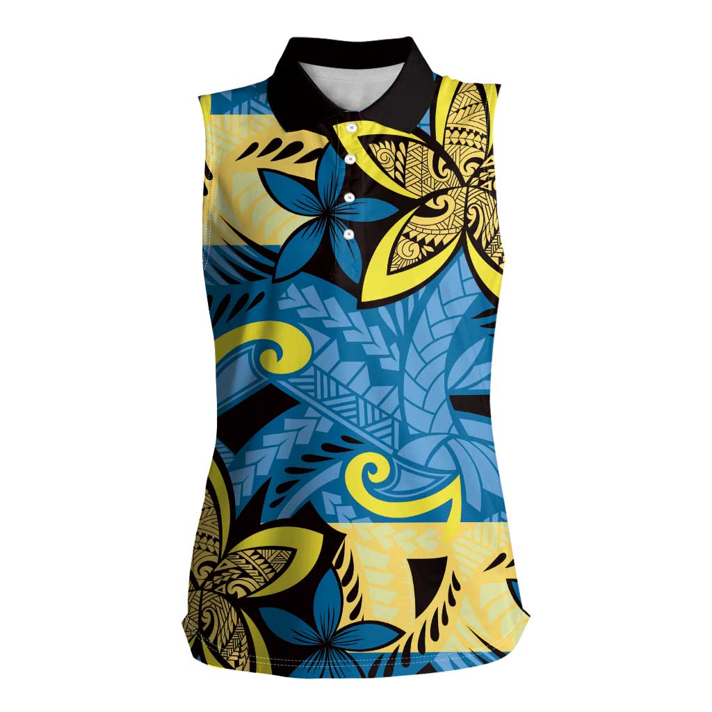 Plumeria Polynesian Pattern Women Sleeveless Polo Shirt Unique Fantasy Blue Yellow