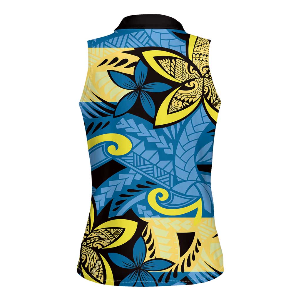 Plumeria Polynesian Pattern Women Sleeveless Polo Shirt Unique Fantasy Blue Yellow