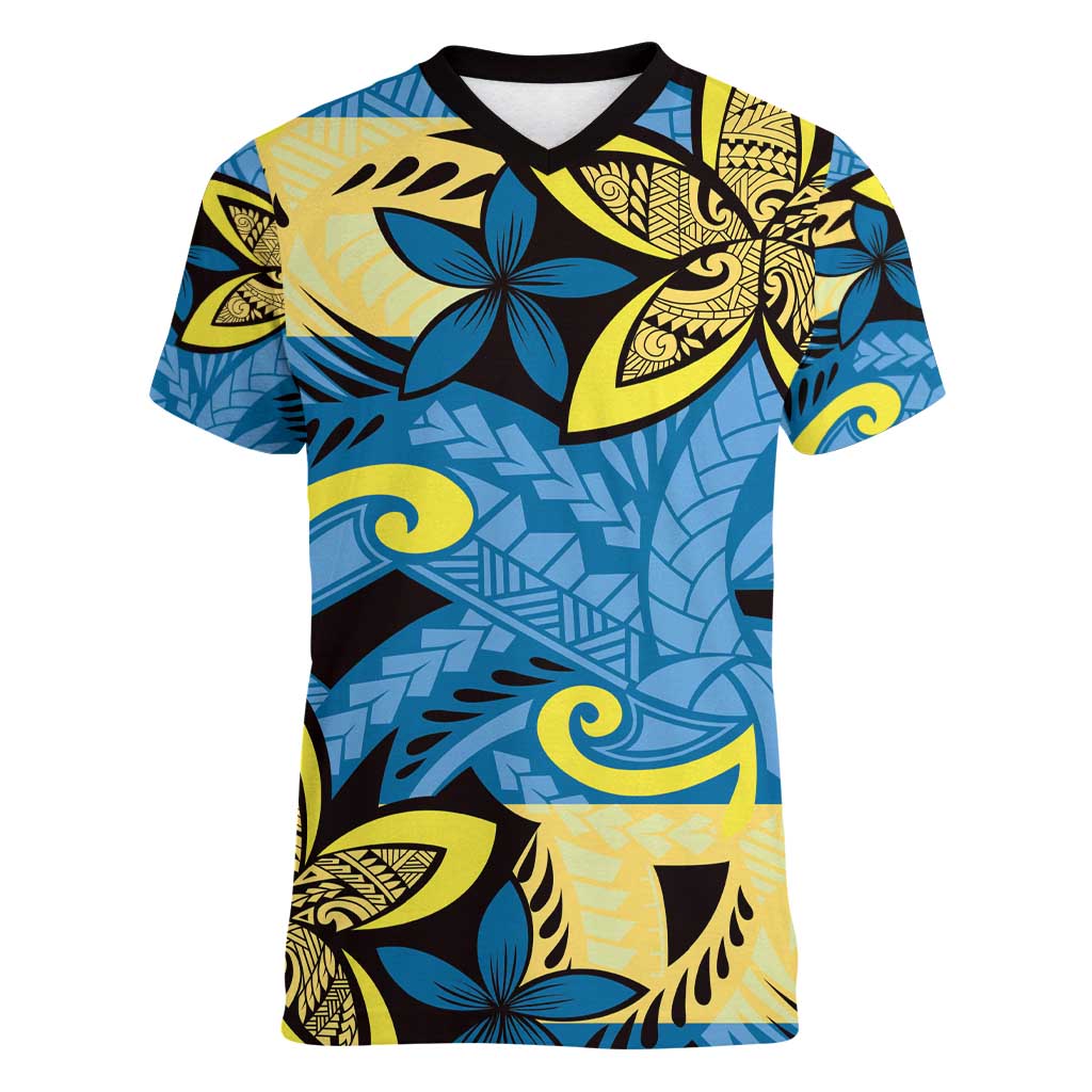 Plumeria Polynesian Pattern Women V-Neck T-Shirt Unique Fantasy Blue Yellow