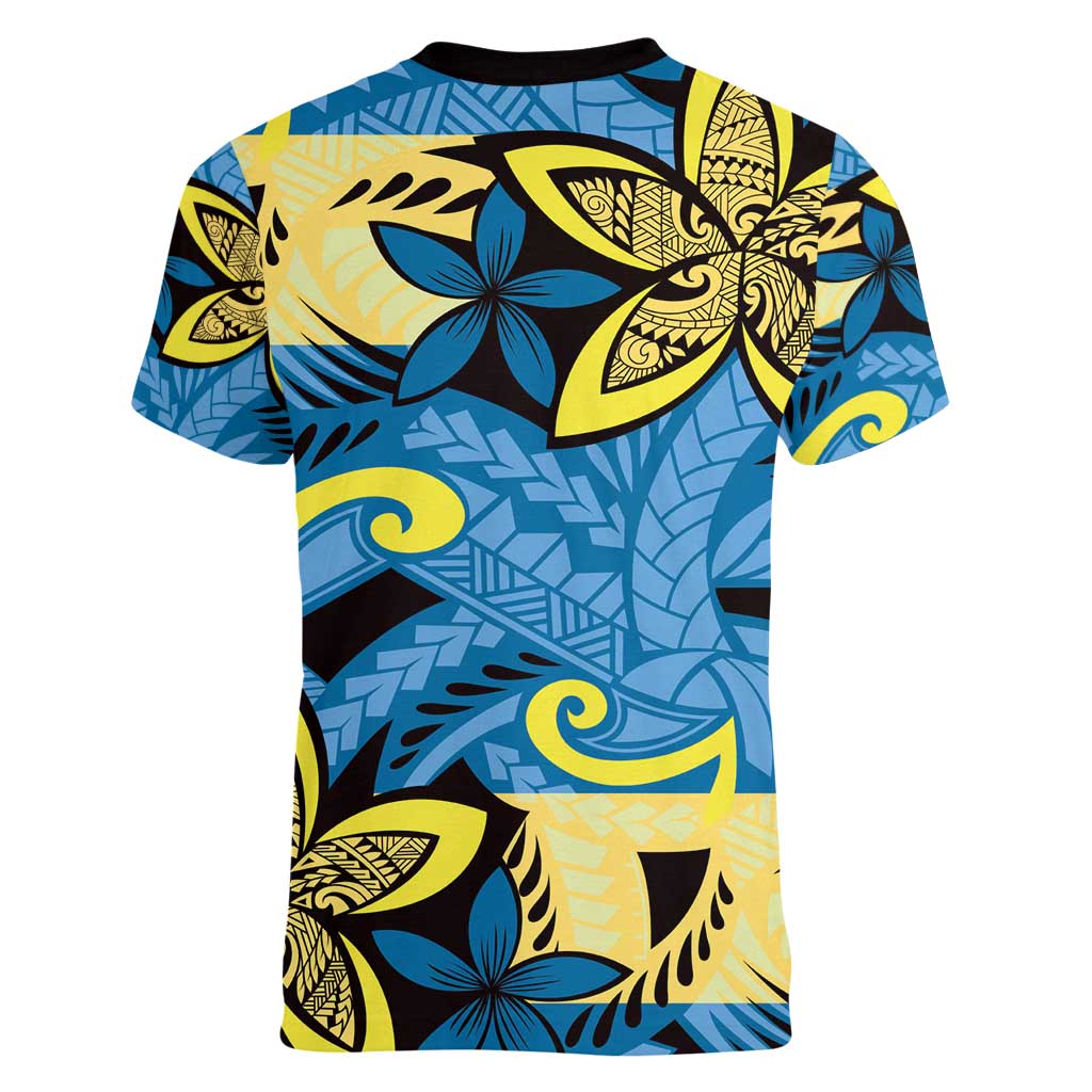 Plumeria Polynesian Pattern Women V-Neck T-Shirt Unique Fantasy Blue Yellow