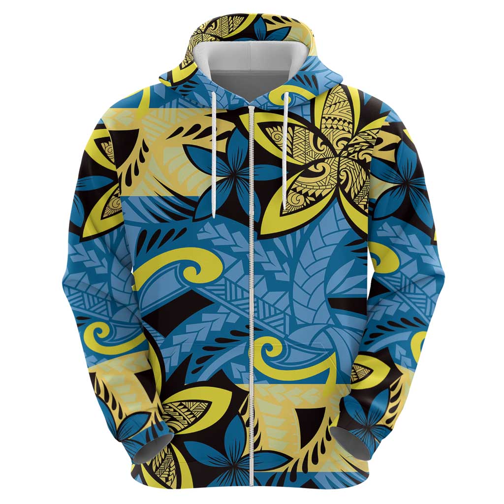 Plumeria Polynesian Pattern Zip Hoodie Unique Fantasy Blue Yellow