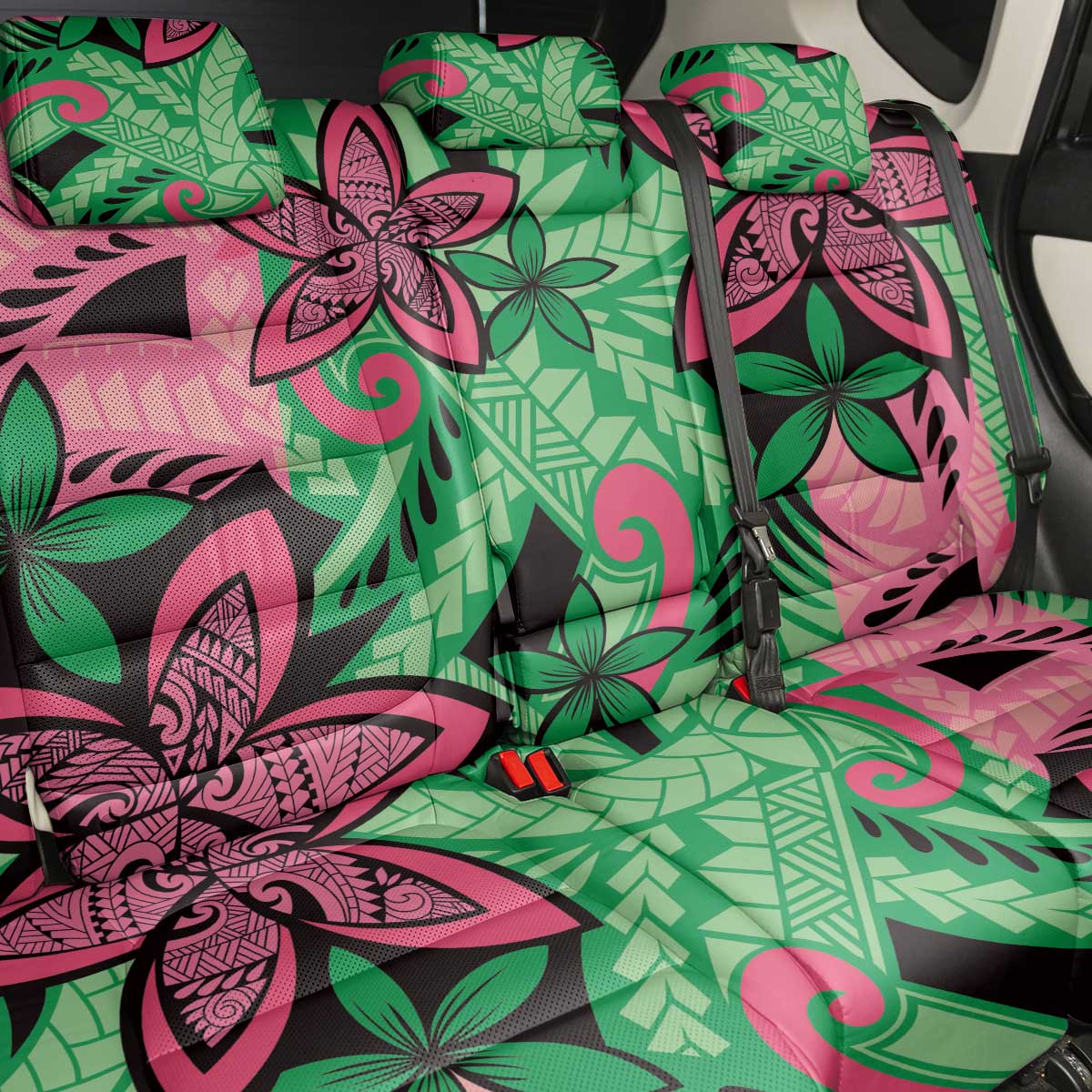 Plumeria Polynesian Pattern Back Car Seat Cover Unique Fantasy Green Pink