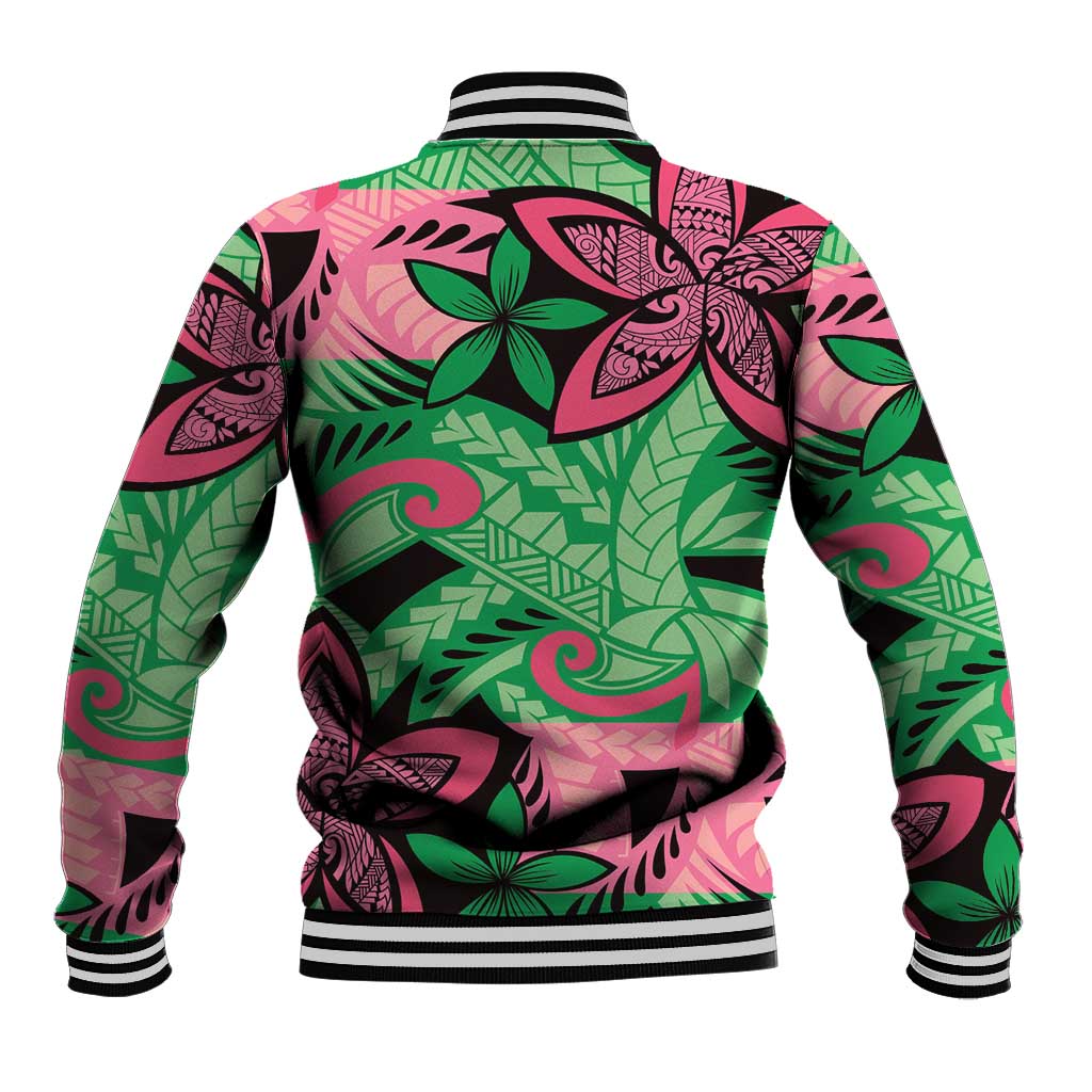 Plumeria Polynesian Pattern Baseball Jacket Unique Fantasy Green Pink LT01 - Polynesian Pride