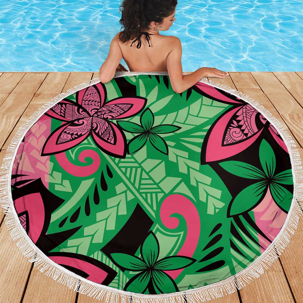 Plumeria Polynesian Pattern Beach Blanket Unique Fantasy Green Pink LT01 - Polynesian Pride