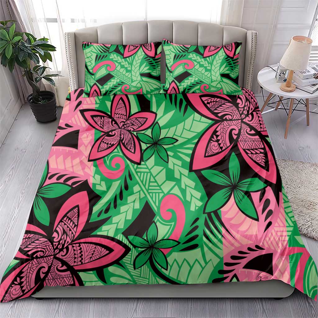 Plumeria Polynesian Pattern Bedding Set Unique Fantasy Green Pink