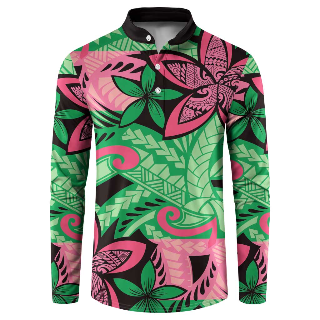 Plumeria Polynesian Pattern Button Sweatshirt Unique Fantasy Green Pink LT01 Green - Polynesian Pride